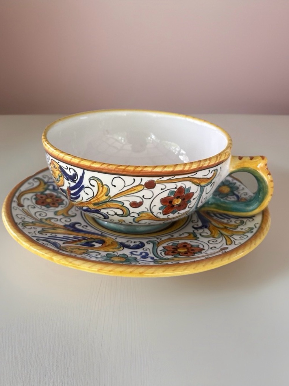 Grazia Deruta Vintage Hand-Painted Italy Ricco Arabesco Scroll Cup & Saucer